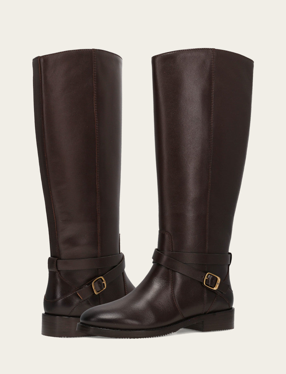 Frye Women's Dark Brown Melissa Belted Riding Wide Calf Boot / Dark Brown