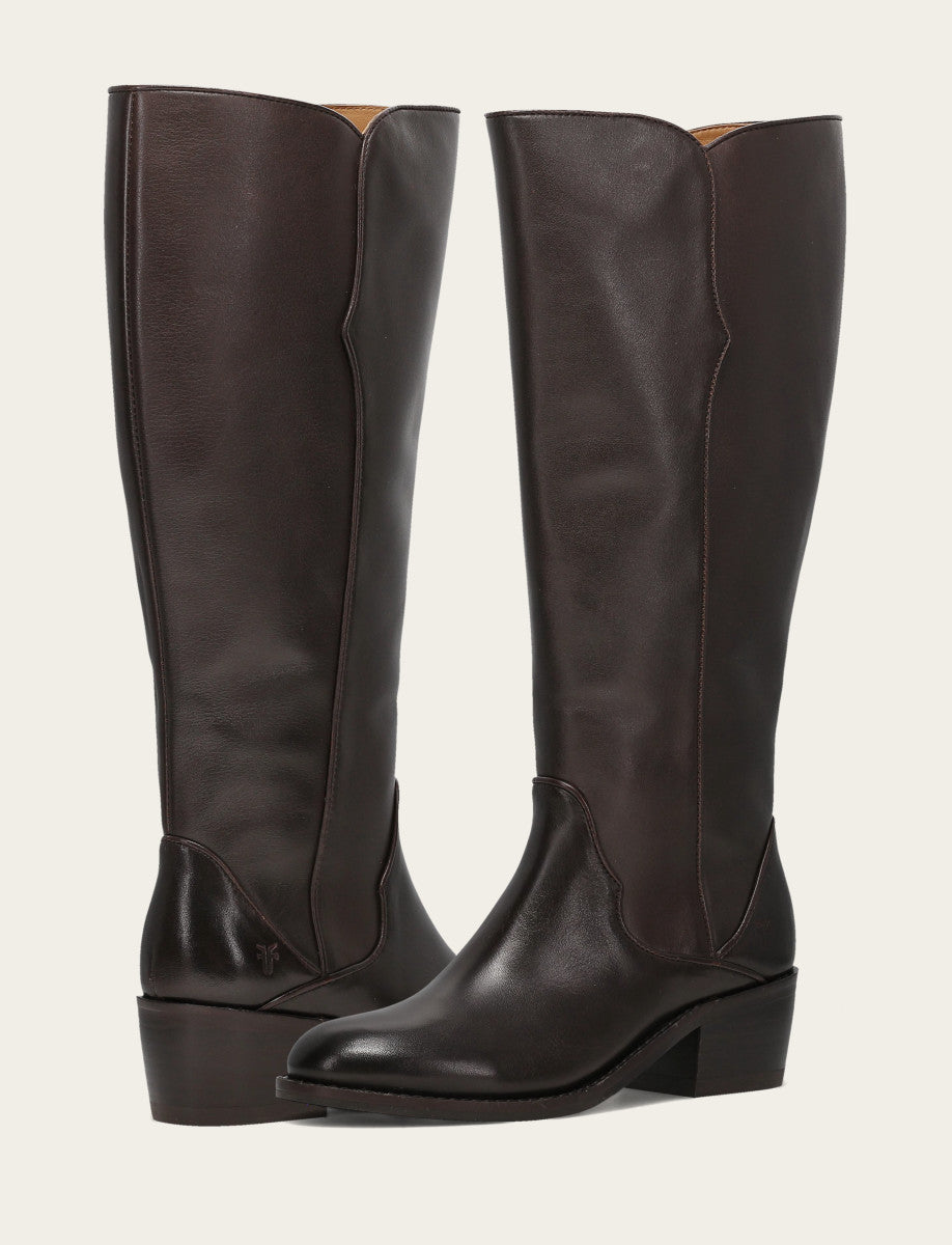 Frye Women's Dark Brown Carson 2 Piping Tall Wide Calf Boot / Dark Brown