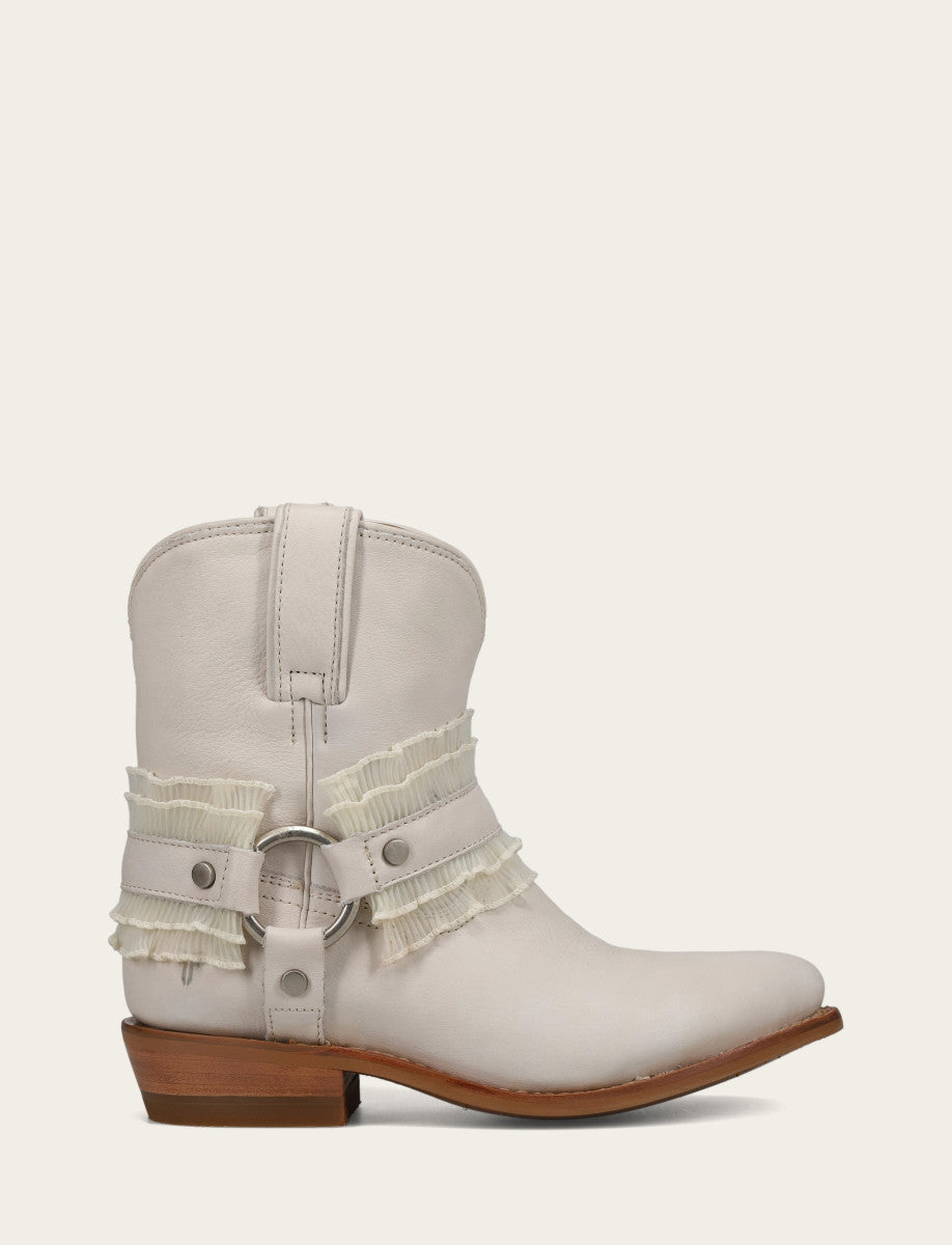 Frye Women's Ivory Billy Harness Ruffle Boots / Ivory