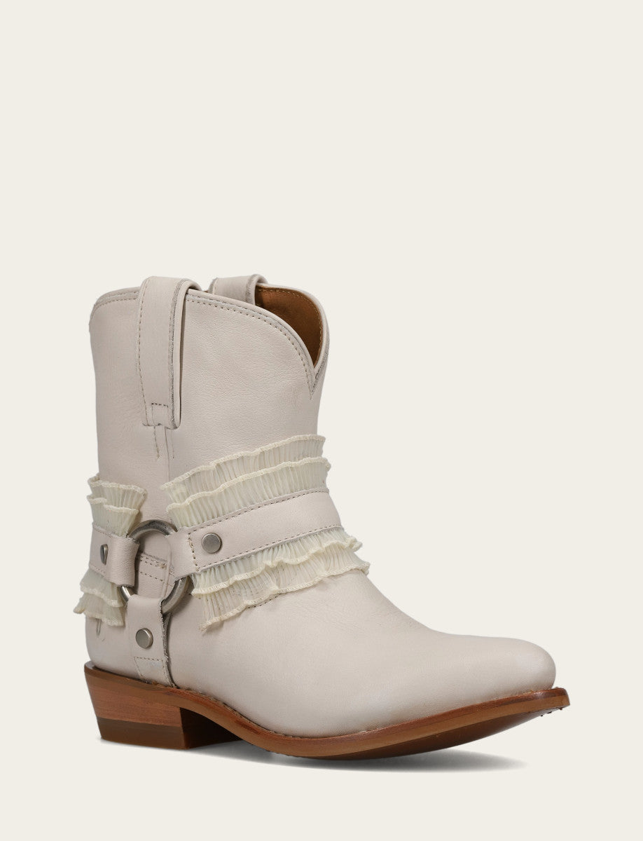 Frye Women's Ivory Billy Harness Ruffle Boots / Ivory