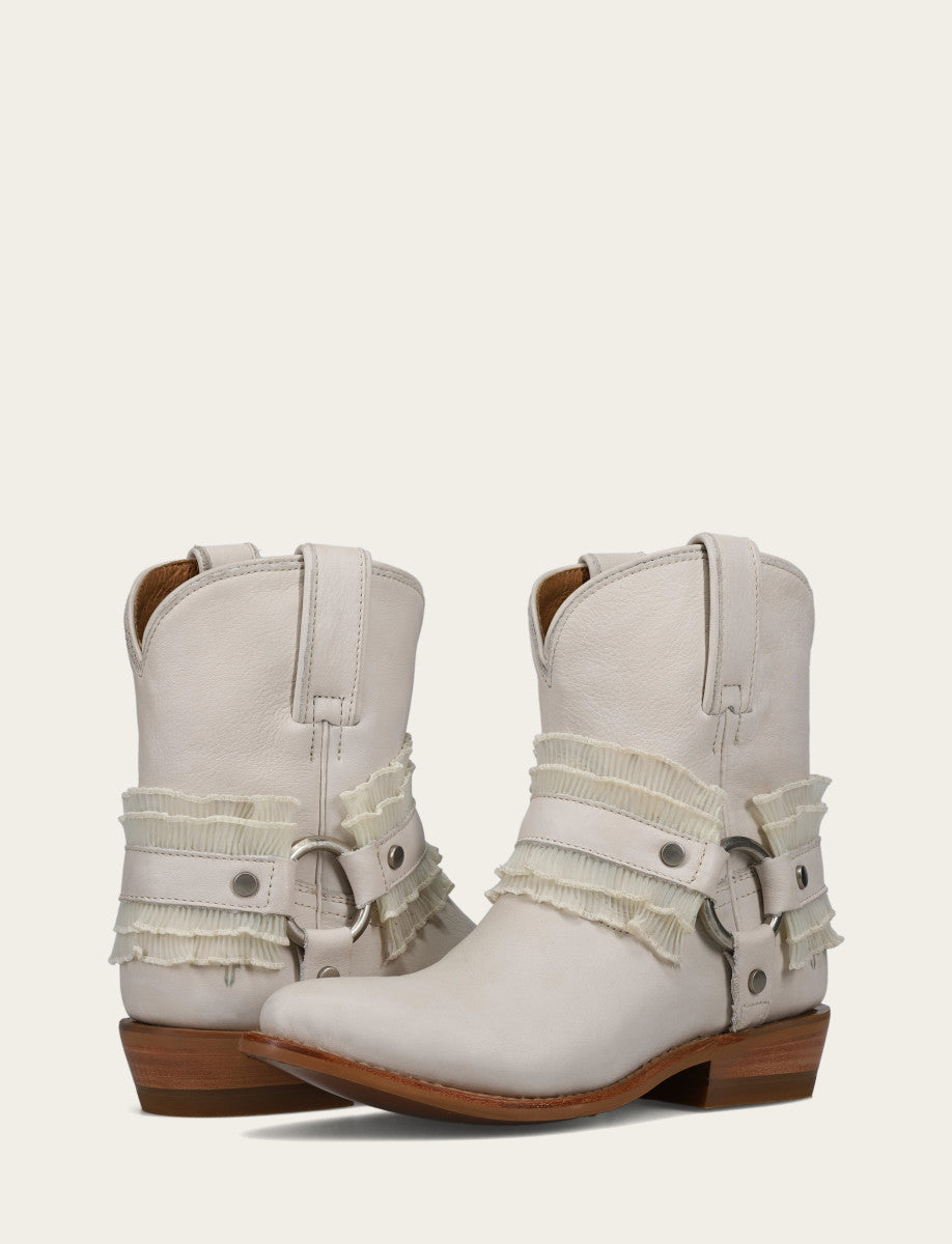 Frye Women's Ivory Billy Harness Ruffle Boots / Ivory