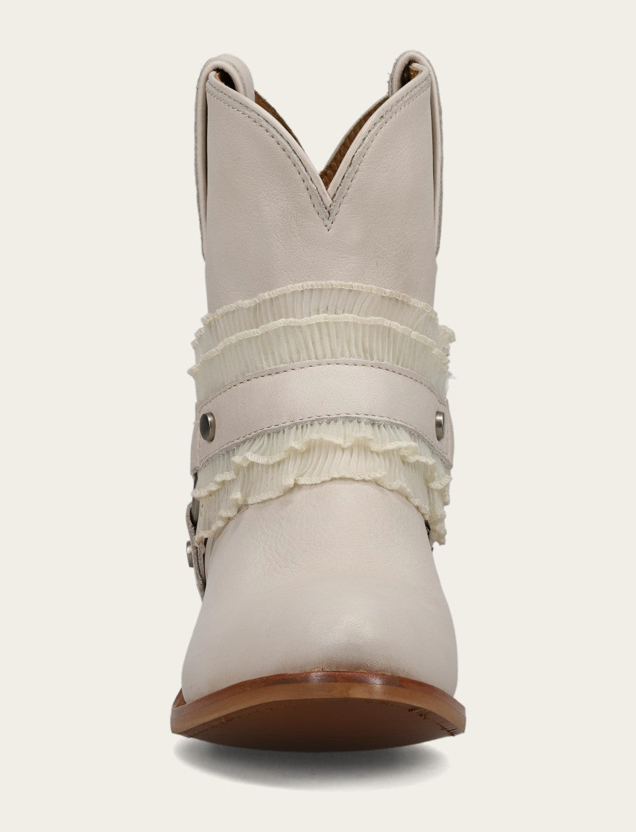 Frye Women's Ivory Billy Harness Ruffle Boots / Ivory