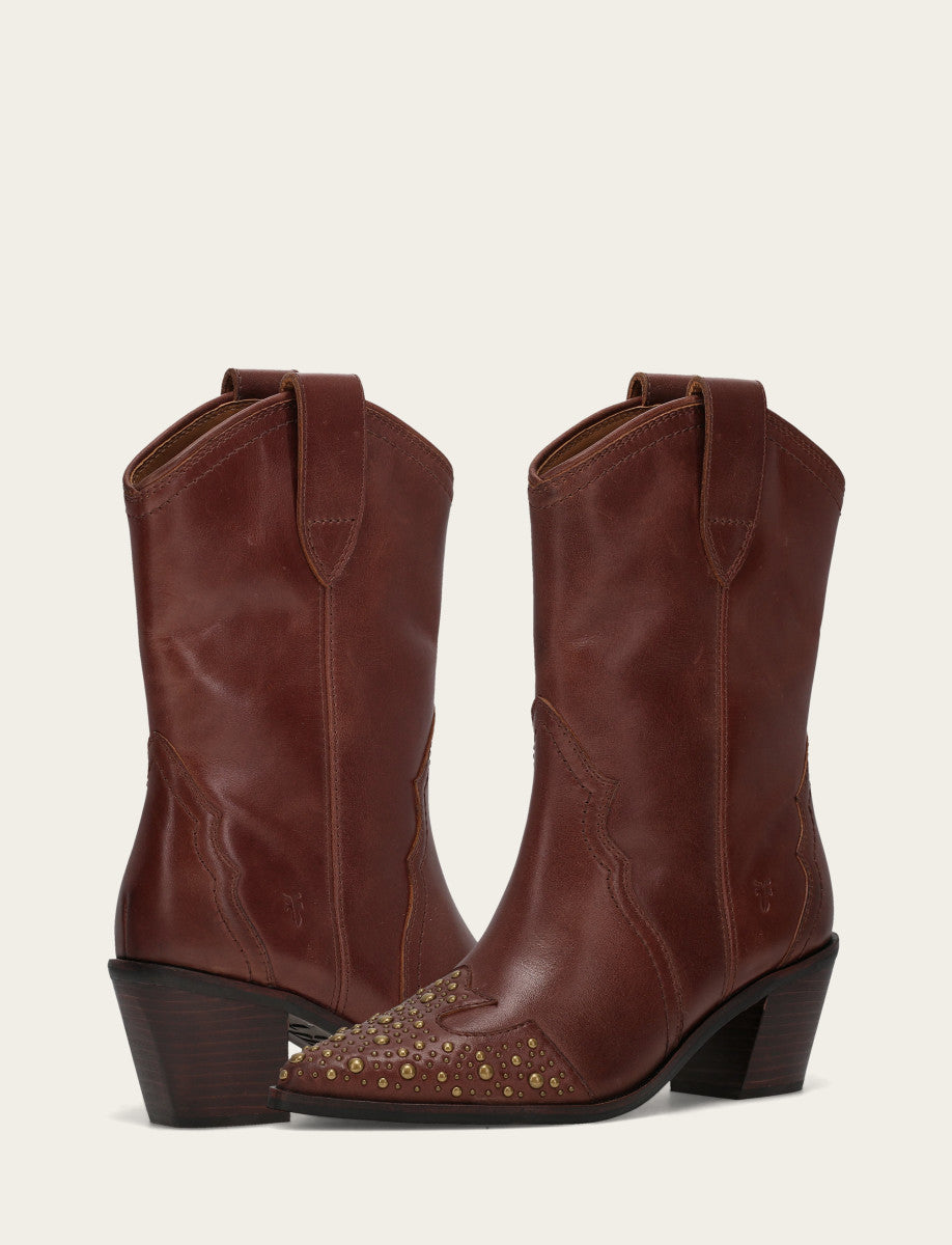 Frye Women's Saddle Sara Wingtip Stud Western Boots / Saddle