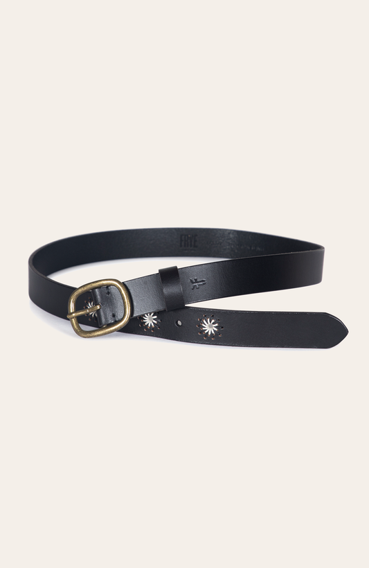 Frye 30mm Black Belt With Embroidered Holes / Black