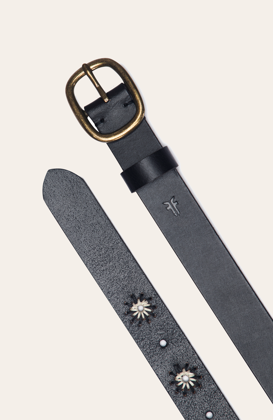 Frye 30mm Black Belt With Embroidered Holes / Black