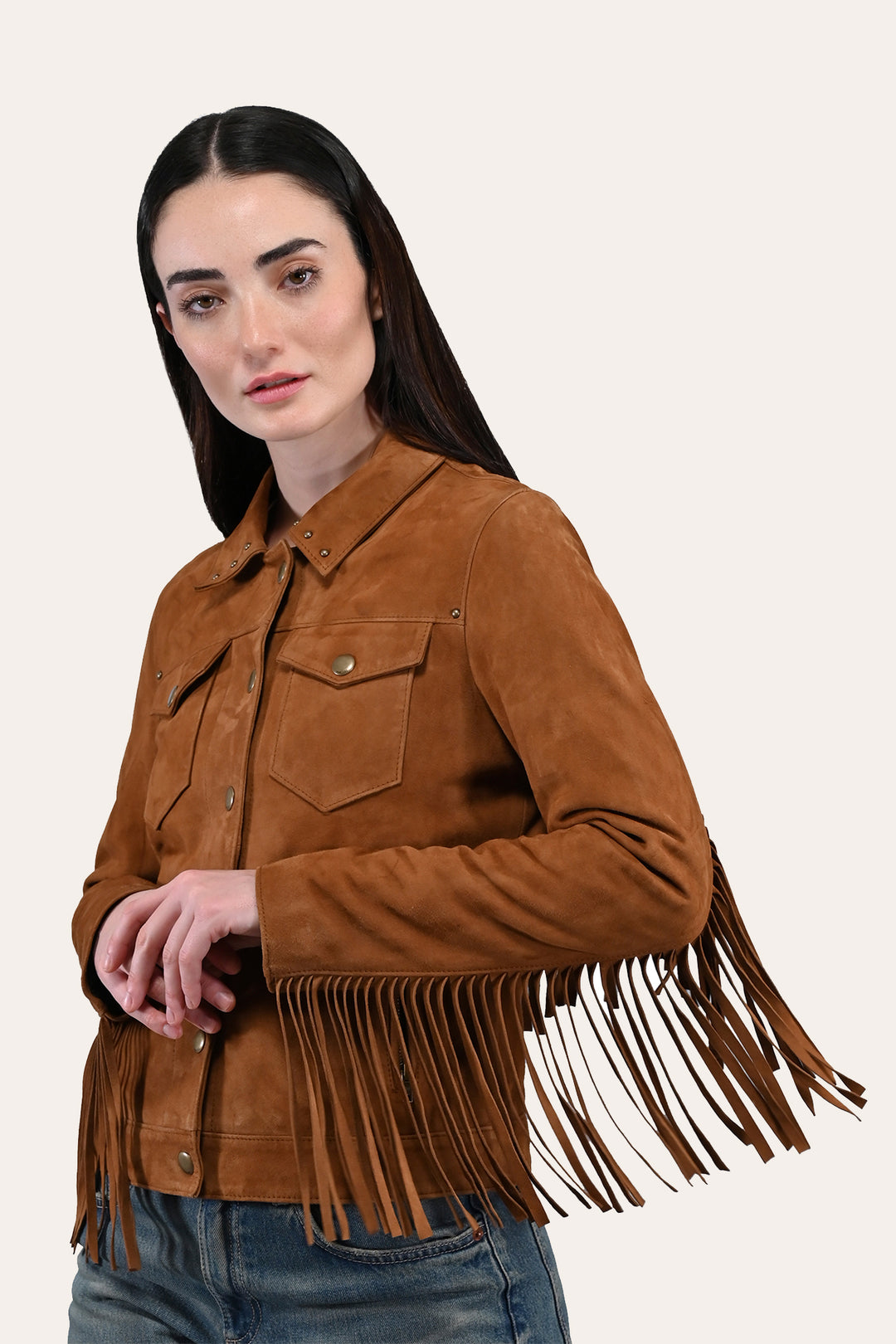 Frye Women’s Medium Brown Nash Fringed Suede Trucker Jacket / Medium Brown