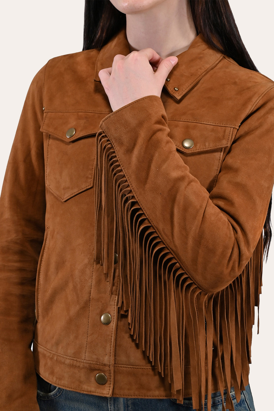 Frye Women’s Medium Brown Nash Fringed Suede Trucker Jacket / Medium Brown