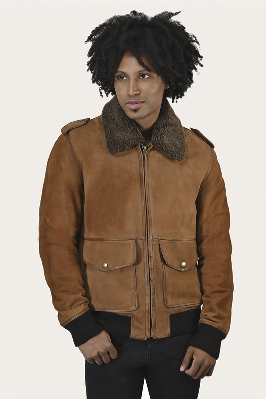 Frye Men’s Middle Brown Jethro Shearling Flight Suede Jacket / Middle Brown