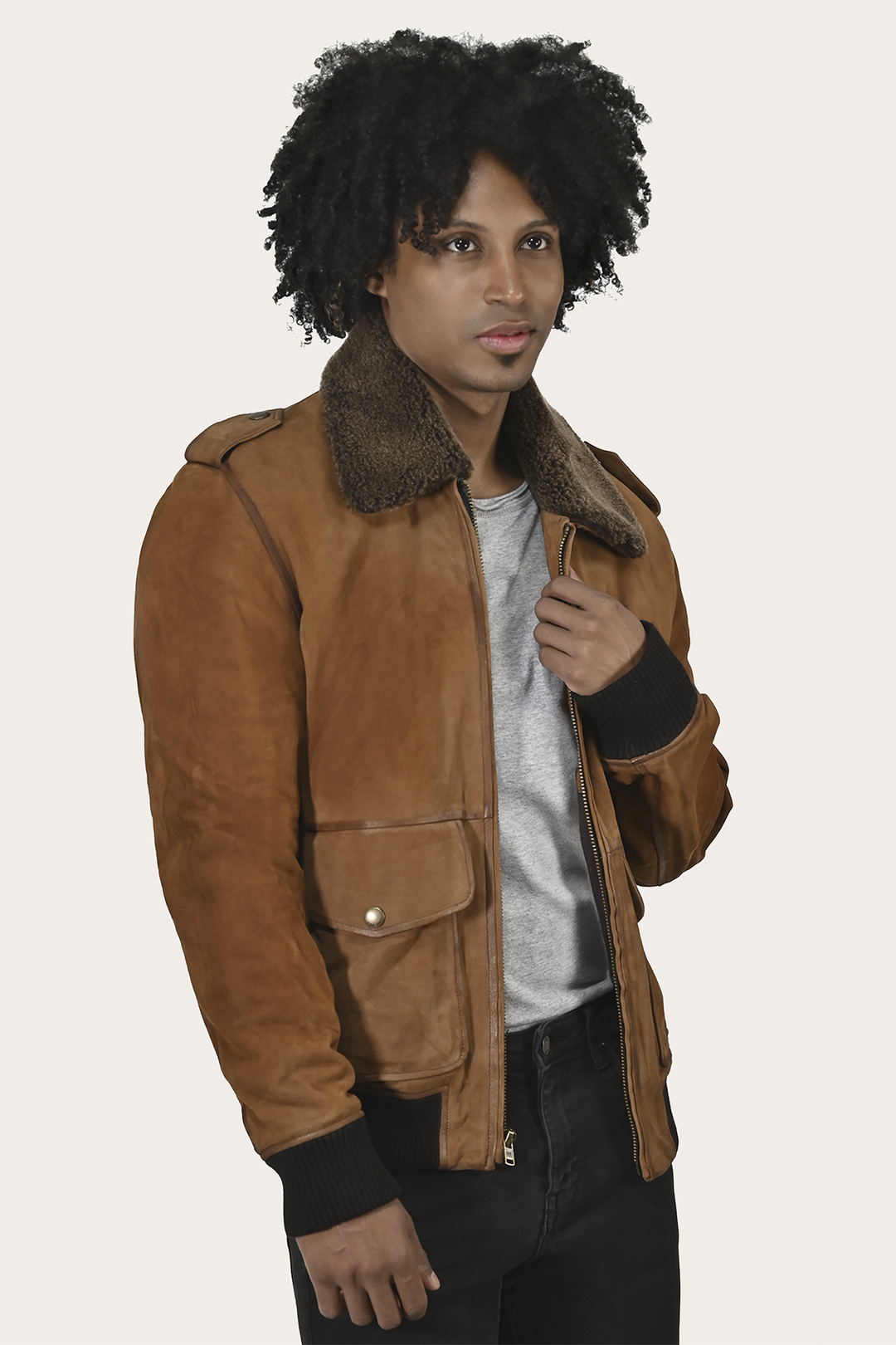 Frye Men’s Middle Brown Jethro Shearling Flight Suede Jacket / Middle Brown