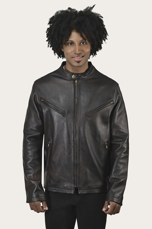 Frye Men’s Cognac Black Huck Cowhide Racer Leather Jacket / Cognac Black
