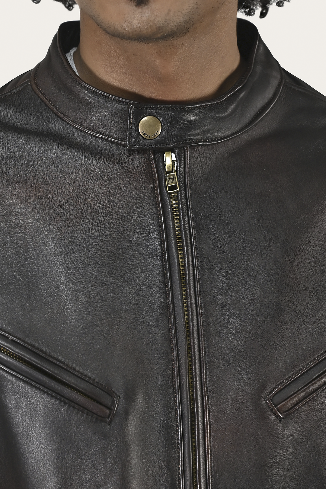 Frye Men’s Cognac Black Huck Cowhide Racer Leather Jacket / Cognac Black