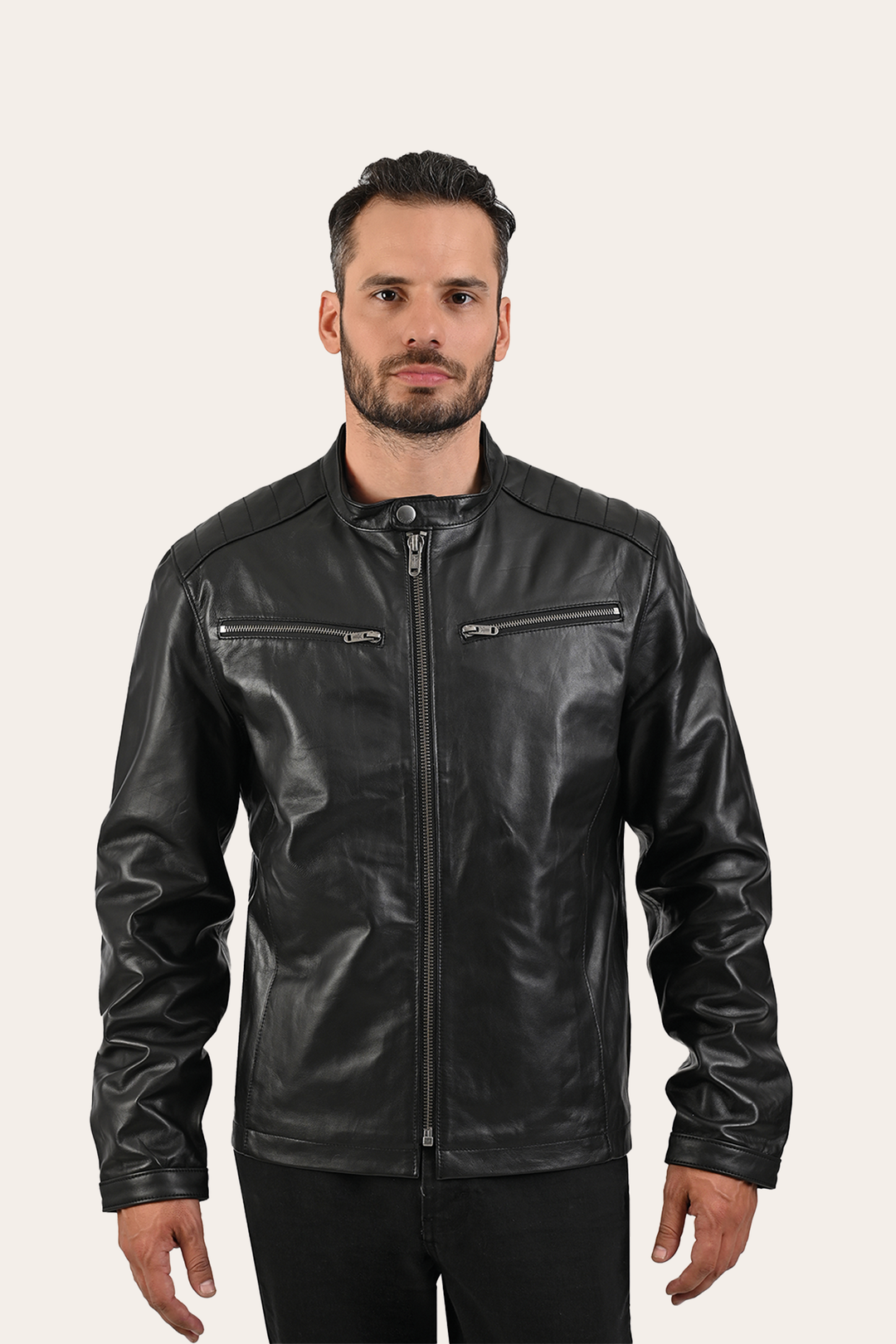 Frye Men’s Black Pioneer Racer Leather Jacket / Black