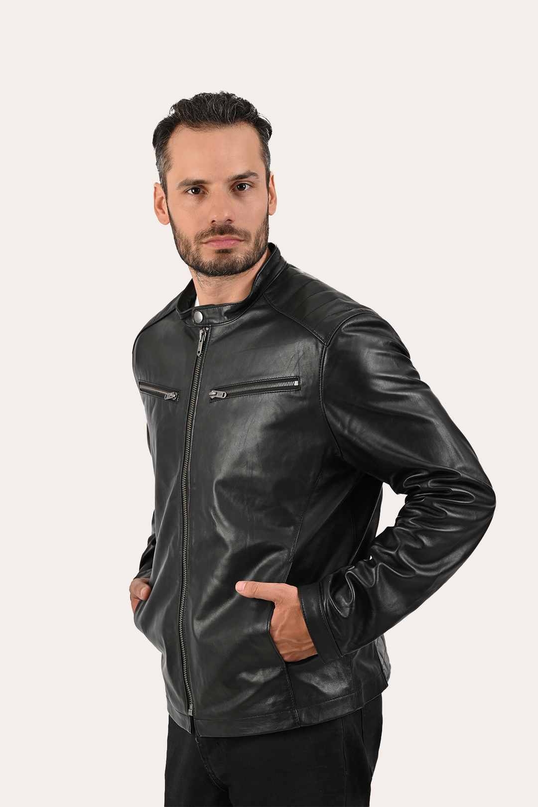 Frye Men’s Black Pioneer Racer Leather Jacket / Black