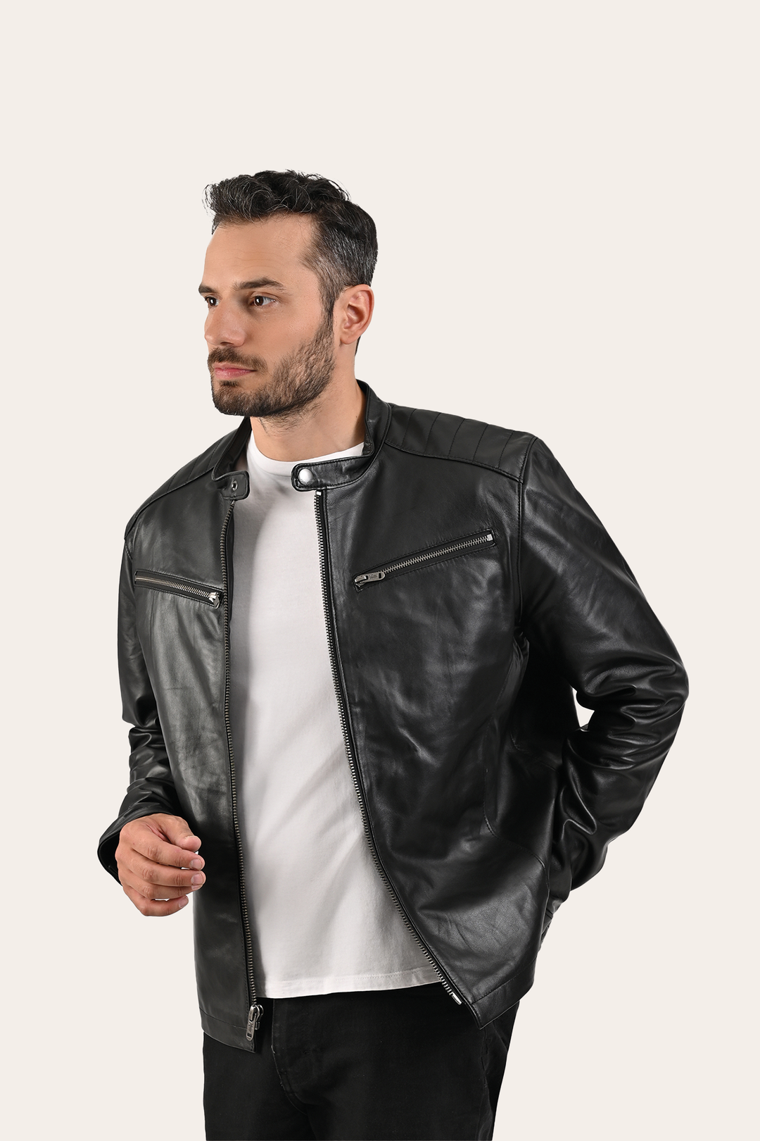 Frye Men’s Black Pioneer Racer Leather Jacket / Black