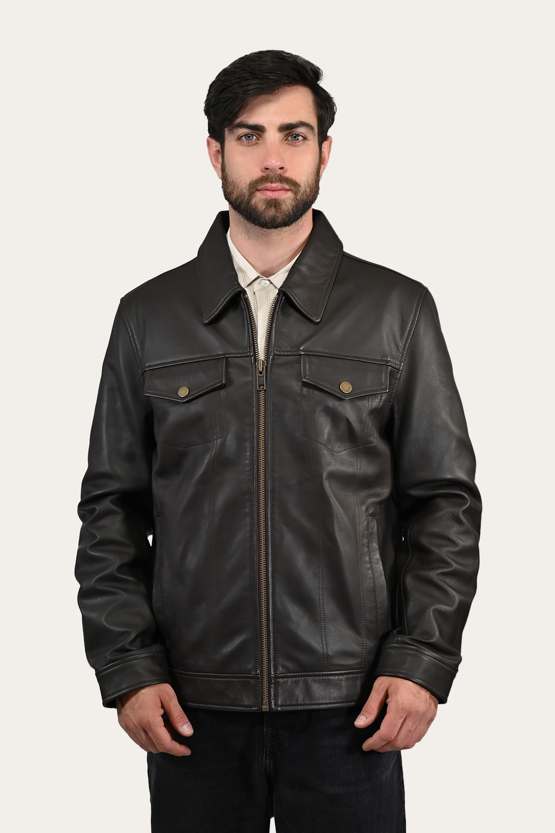 Frye Men’s Dark Brown Durango Trucker Leather Jacket / Dark Brown