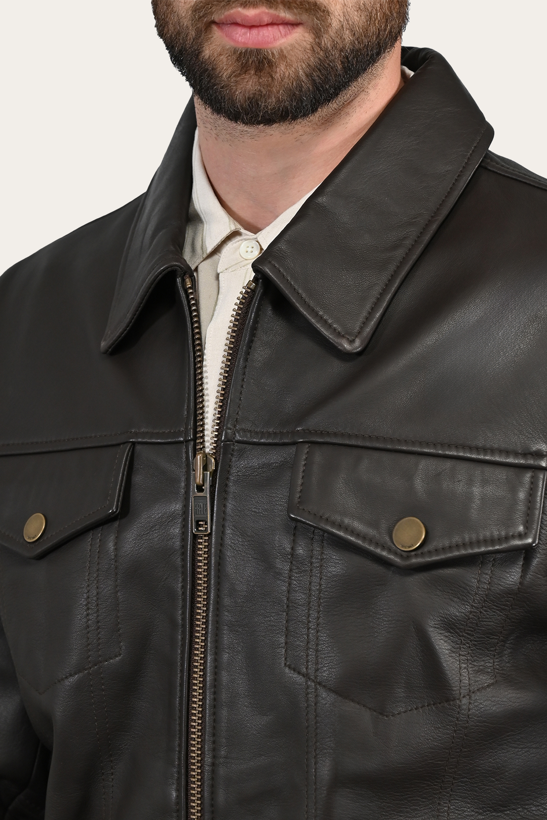 Frye Men’s Dark Brown Durango Trucker Leather Jacket / Dark Brown
