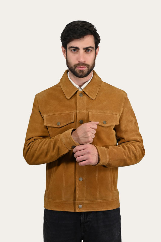 Frye Men’s Tan Trailblazer Trucker Suede Jacket / Tan