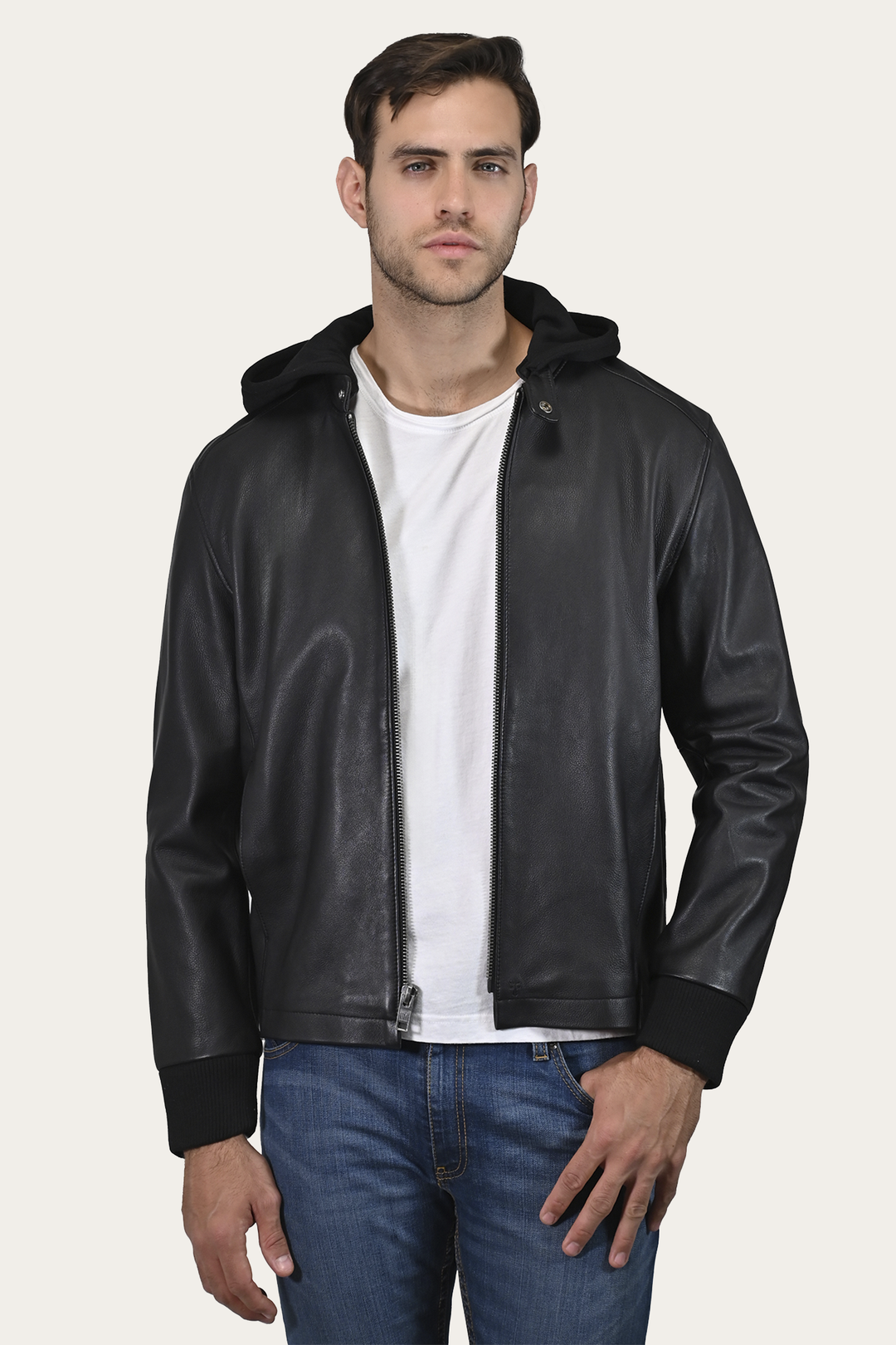 Frye Men’s Black Saddle Racer Leather Hooded Jacket / Black