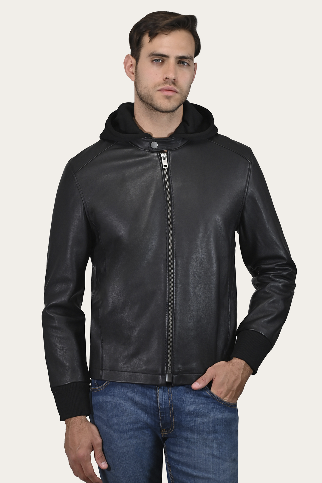 Frye Men’s Black Saddle Racer Leather Hooded Jacket / Black