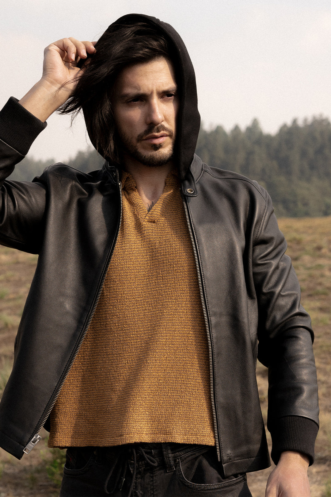 Frye Men’s Black Saddle Racer Leather Hooded Jacket / Black