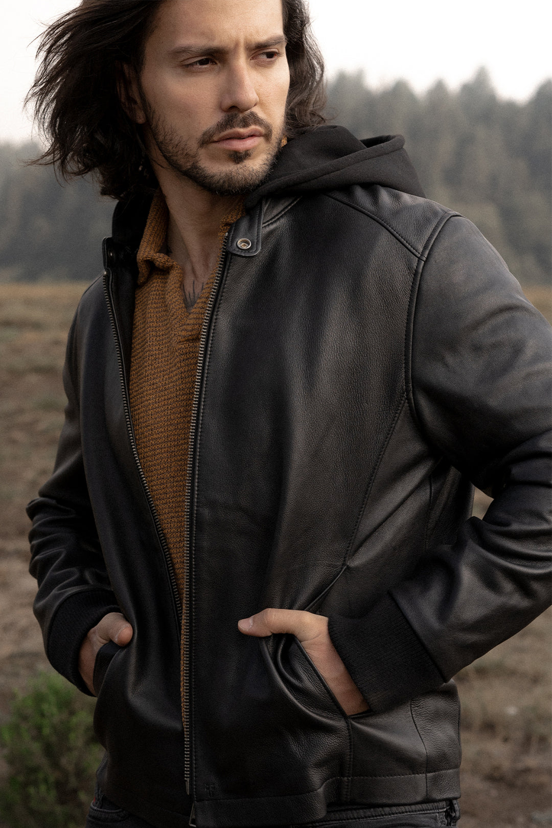 Frye Men’s Black Saddle Racer Leather Hooded Jacket / Black