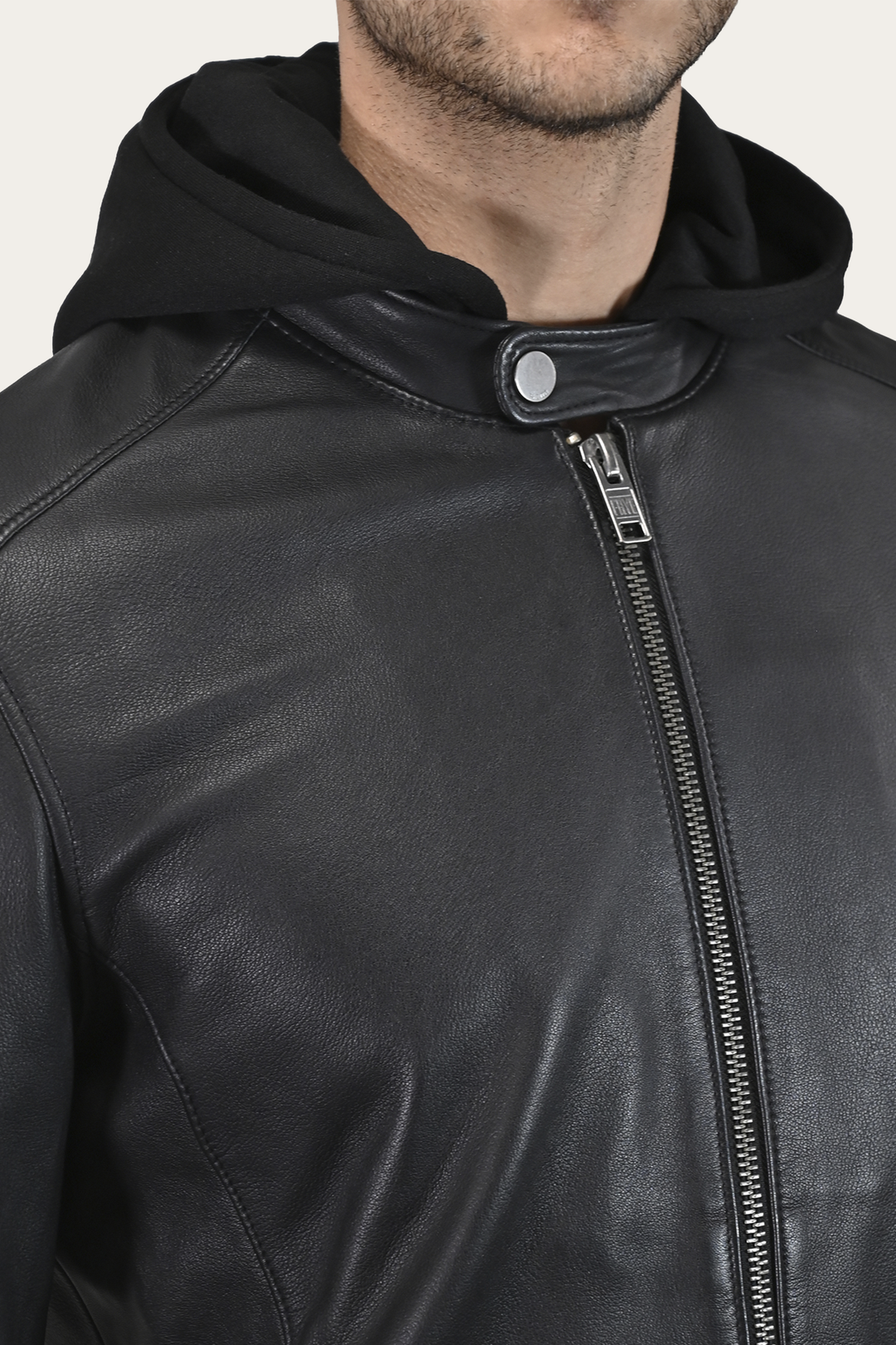 Frye Men’s Black Saddle Racer Leather Hooded Jacket / Black