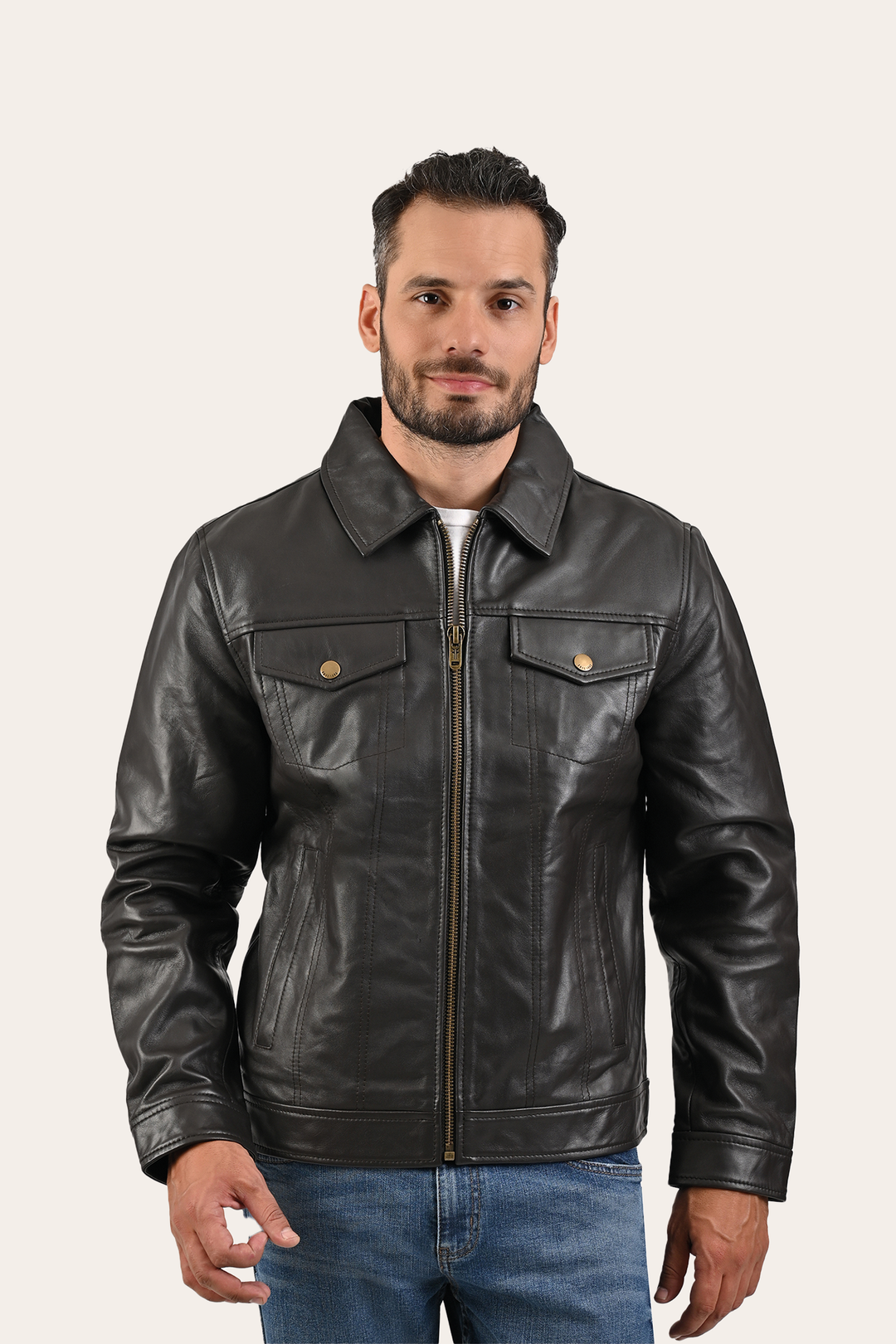 Frye Men’s Dark Brown Kentucky Trucker Leather Jacket / Dark Brown