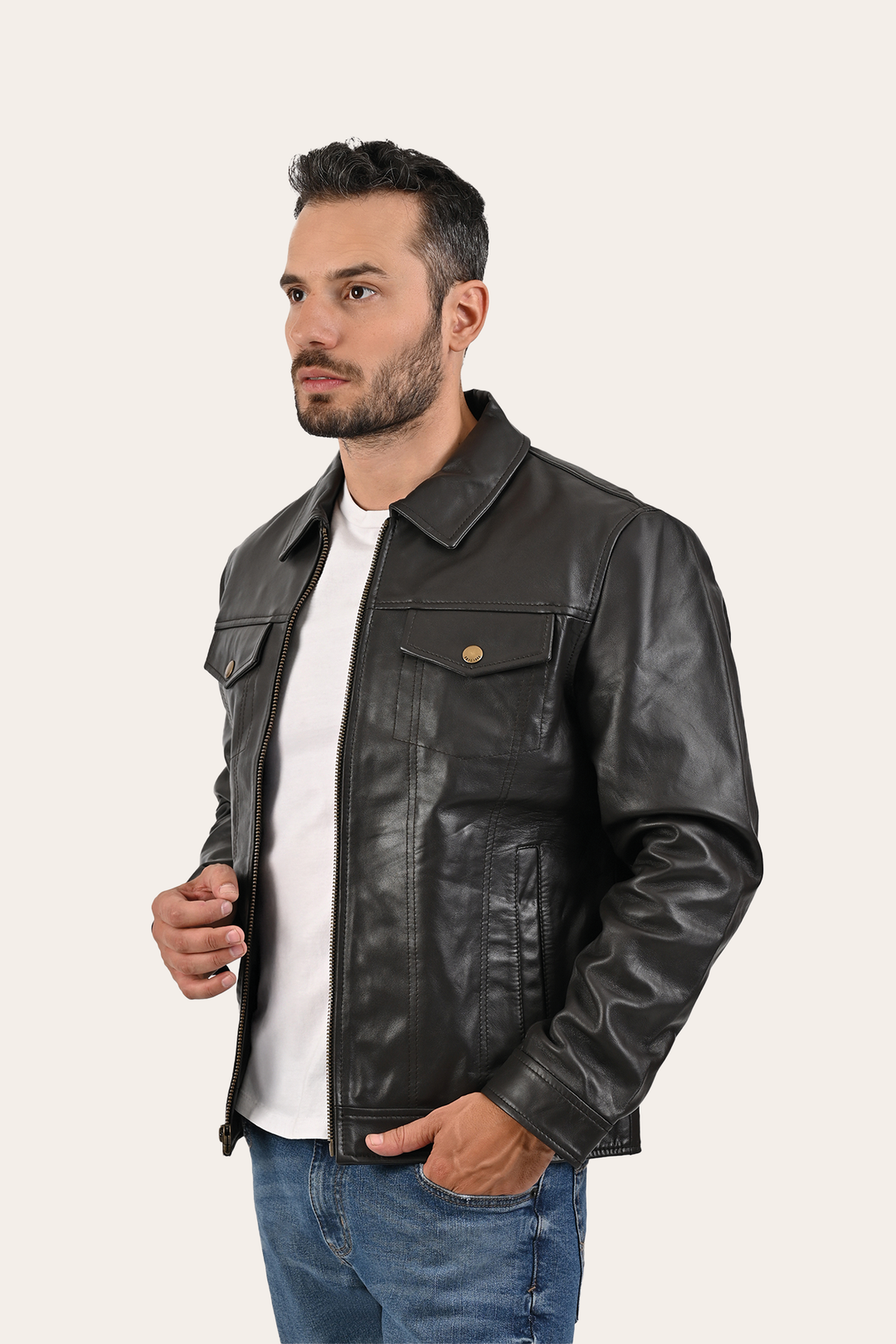 Frye Men’s Dark Brown Kentucky Trucker Leather Jacket / Dark Brown