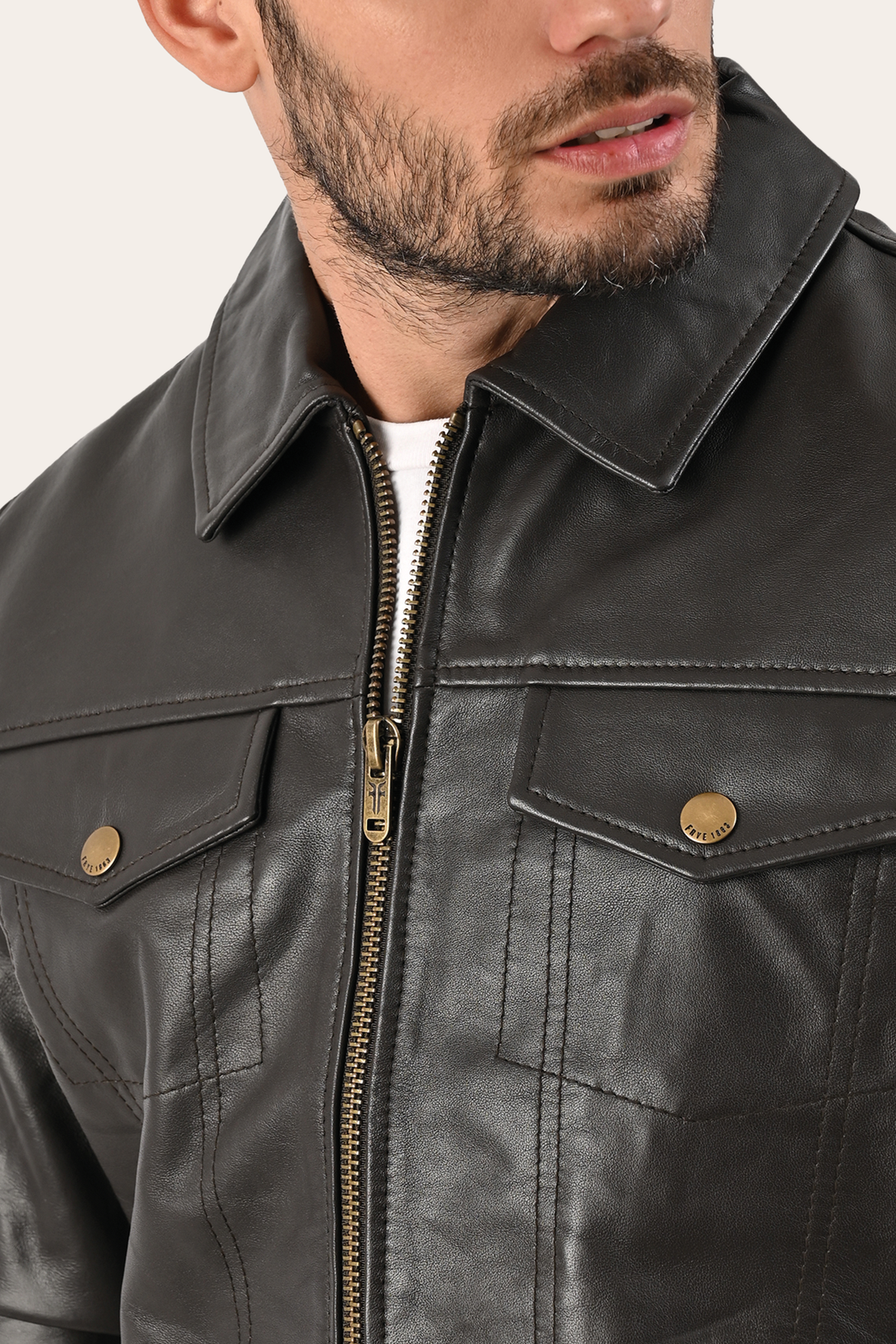 Frye Men’s Dark Brown Kentucky Trucker Leather Jacket / Dark Brown