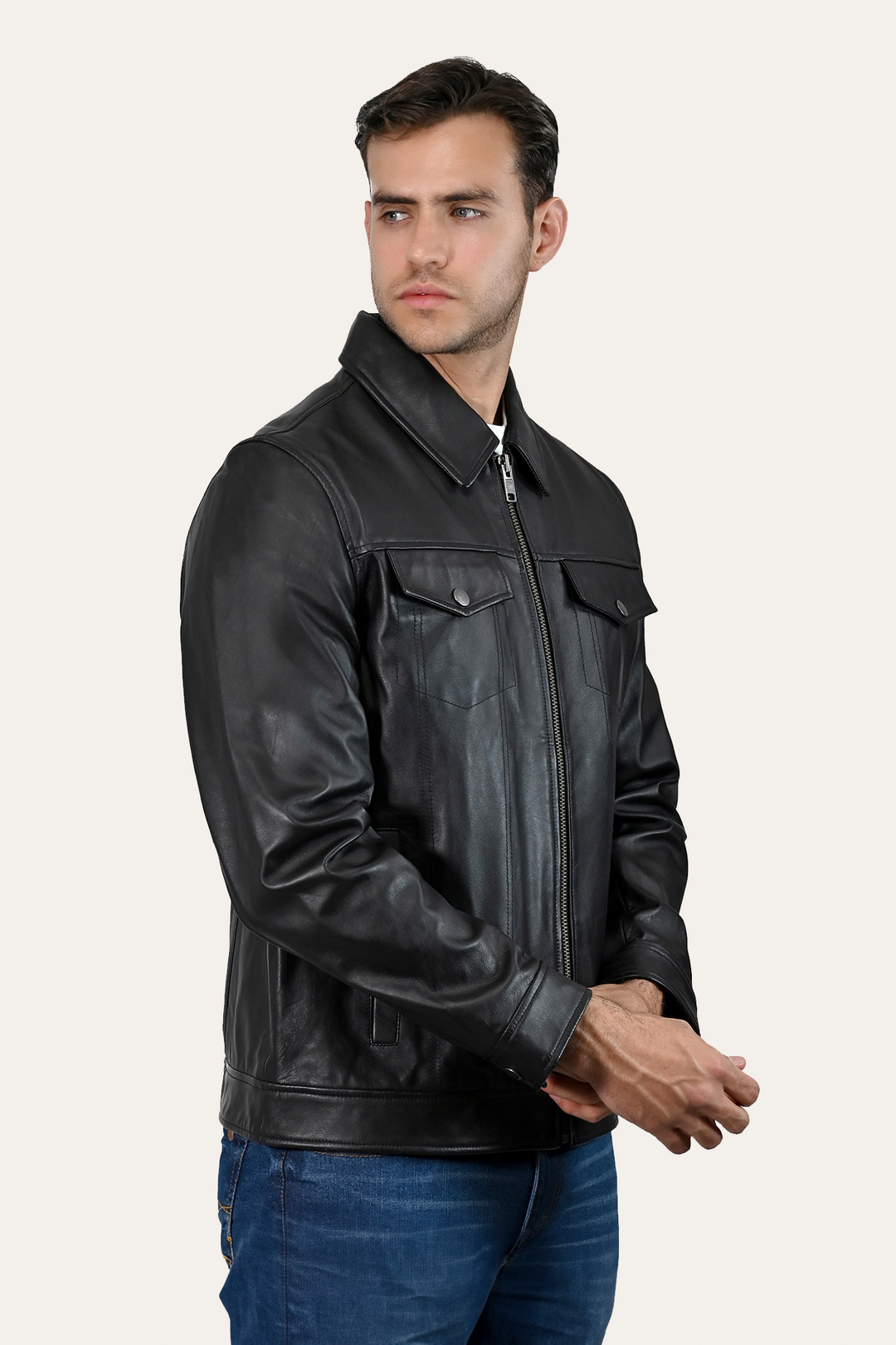 Frye Men’s Black Durango Trucker Leather Jacket / Black