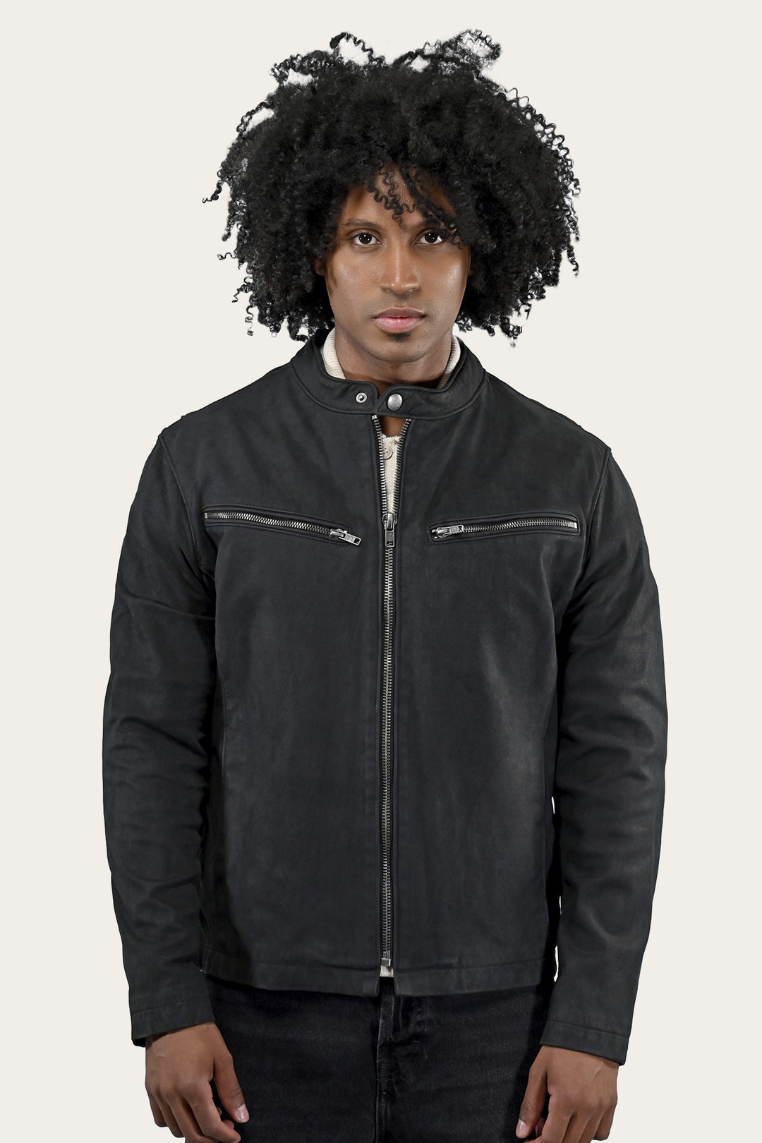 Frye Men’s Black Cattleman Vintage Cafe Racer Leather Jacket / Black