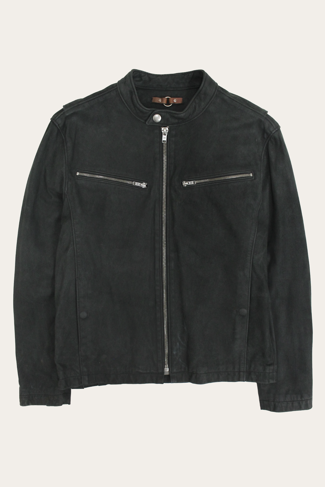 Frye Men’s Black Cattleman Vintage Cafe Racer Leather Jacket / Black