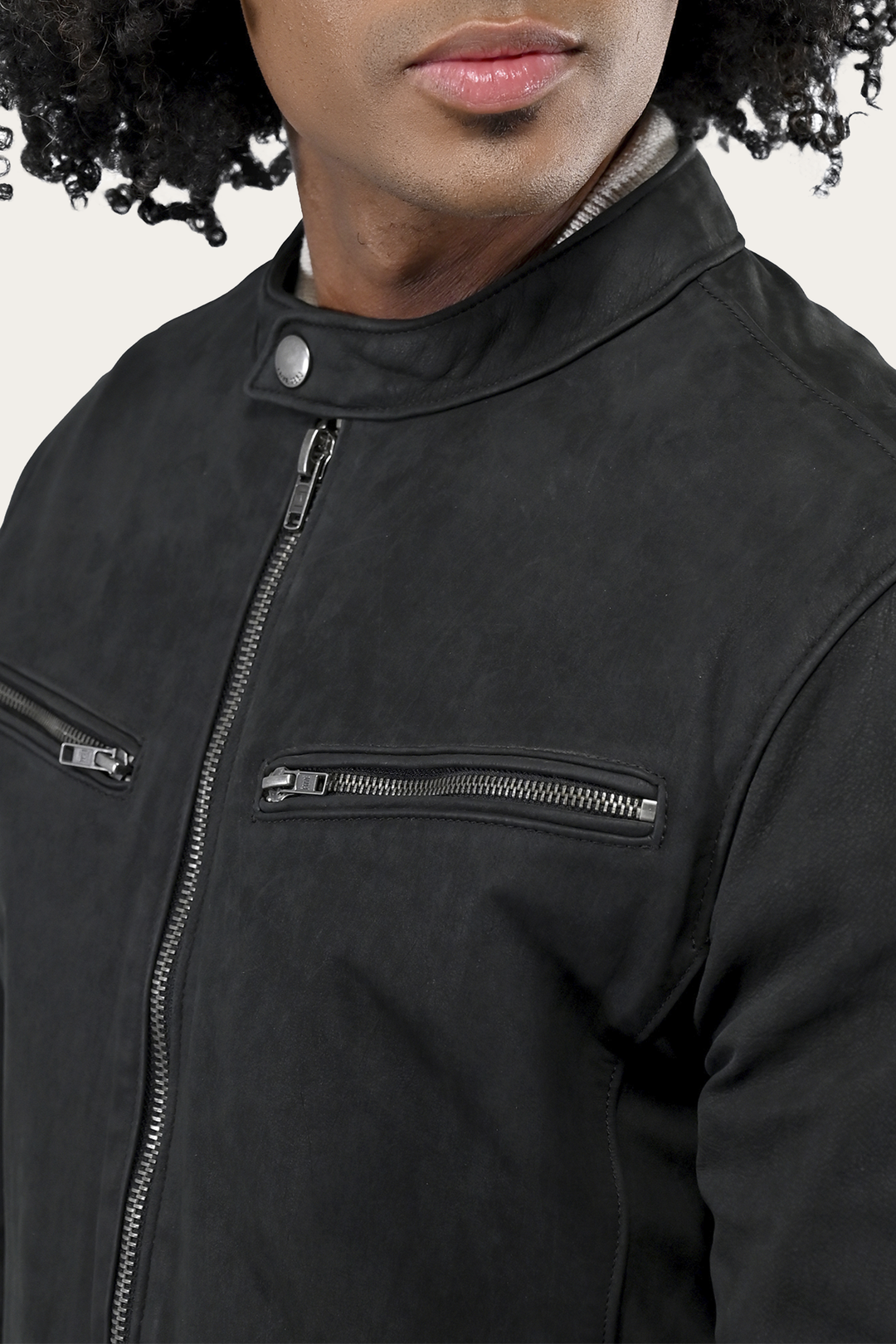 Frye Men’s Black Cattleman Vintage Cafe Racer Leather Jacket / Black
