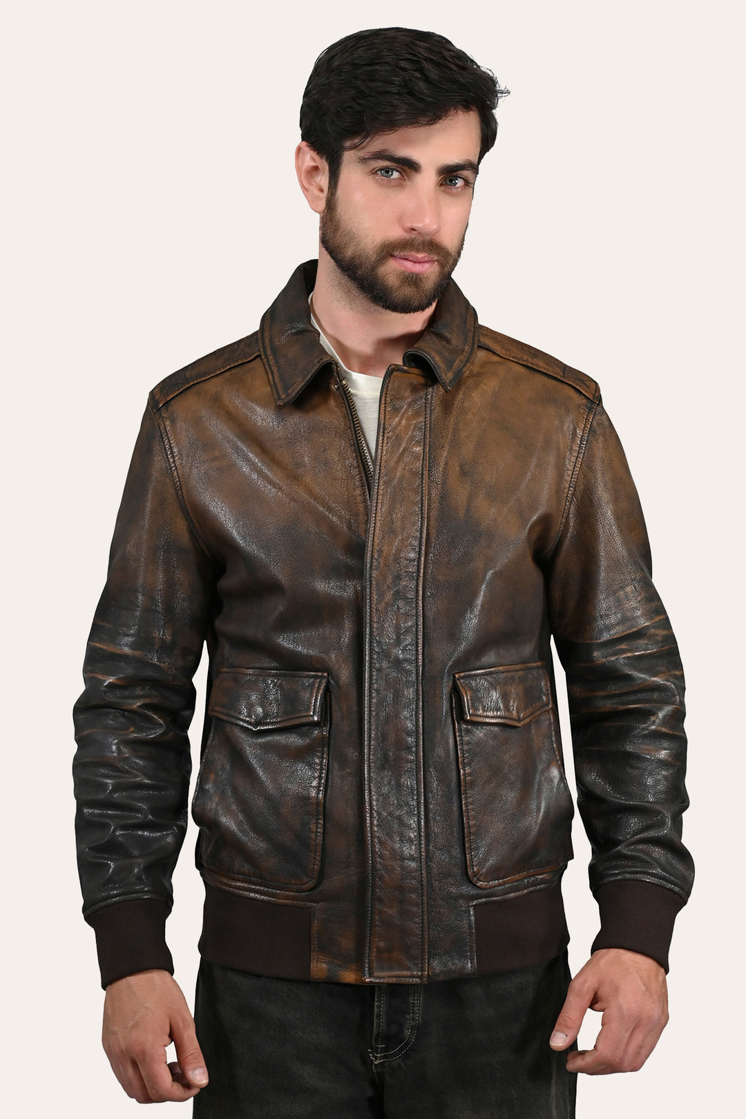 Frye Men’s Brown Beige Nebraska Bomber Leather Jacket / Brown/Beige