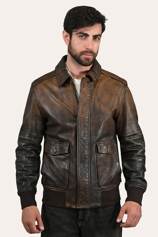Frye Men’s Brown Beige Nebraska Bomber Leather Jacket / Brown/Beige