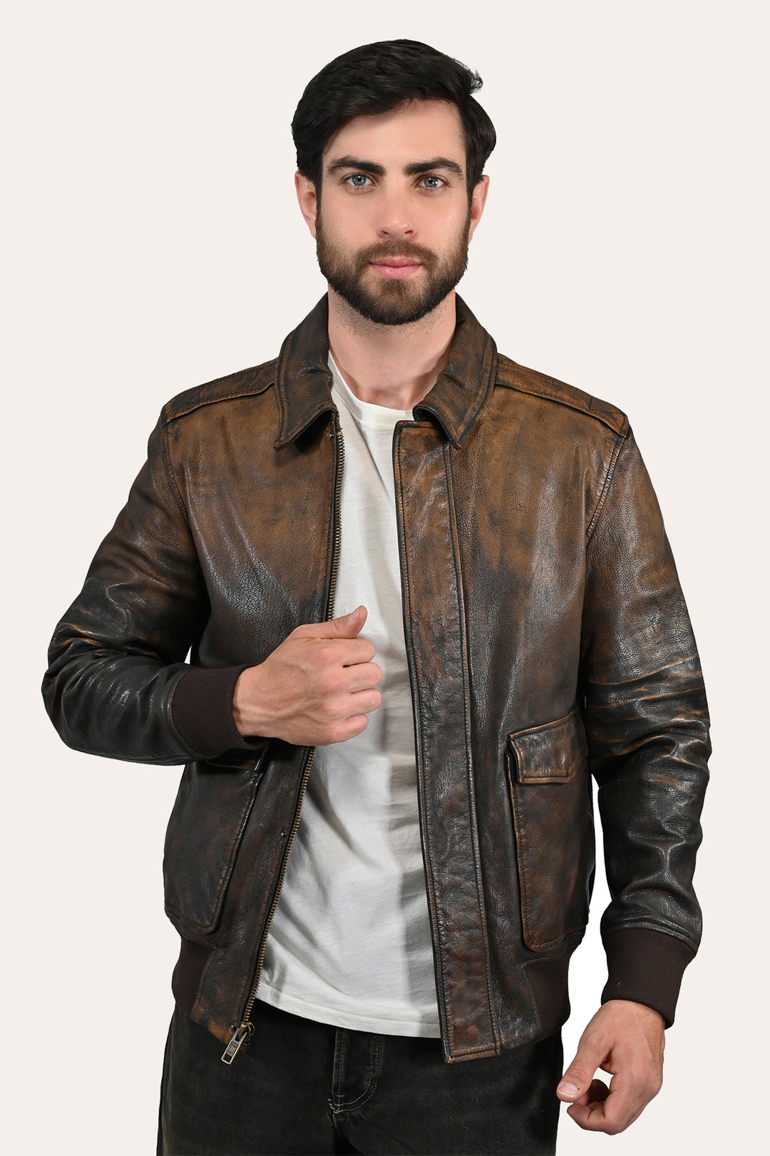 Frye Men’s Brown Beige Nebraska Bomber Leather Jacket / Brown/Beige